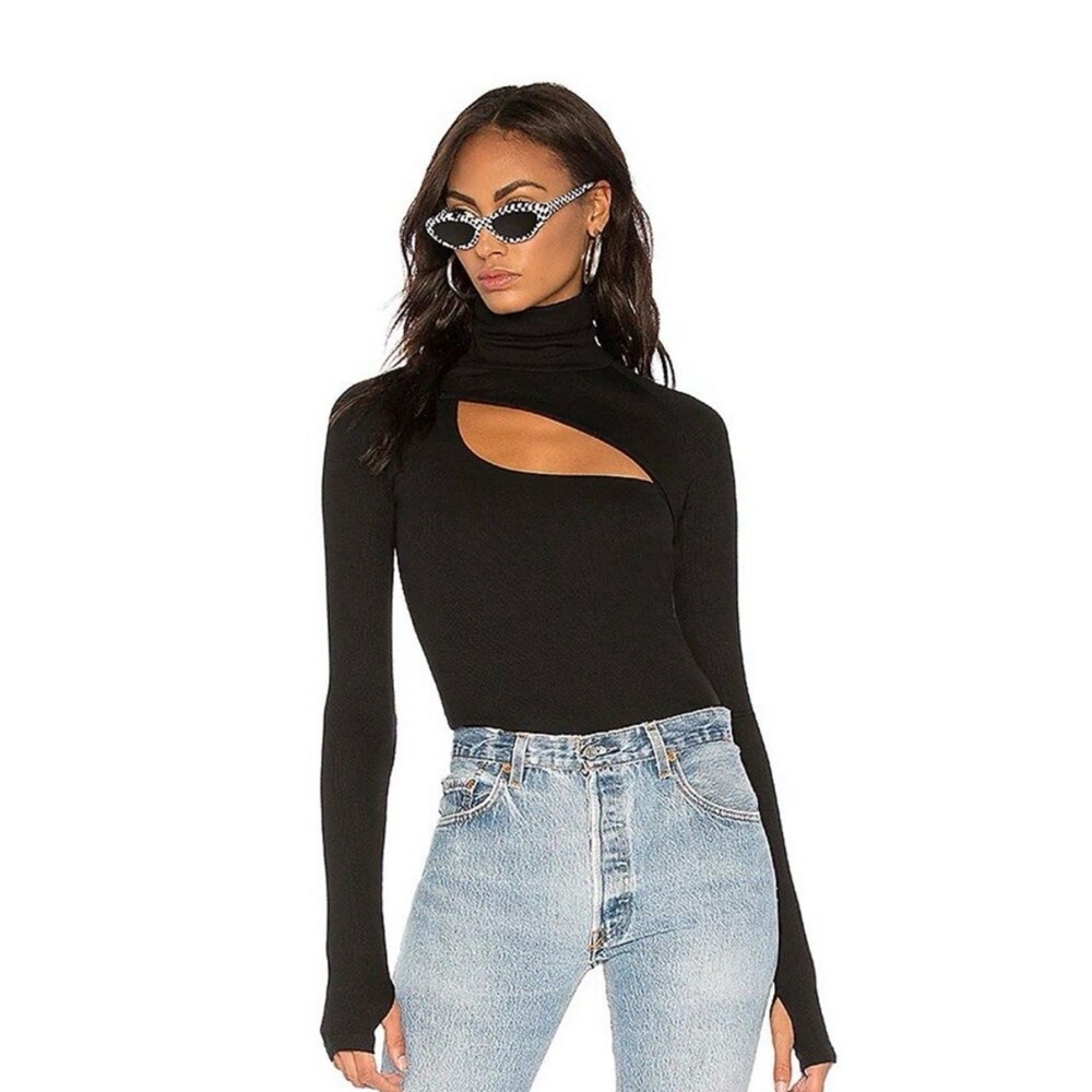 ALIX NYC Black Asymmetric Cutout Turtleneck Long Sleeve Top
